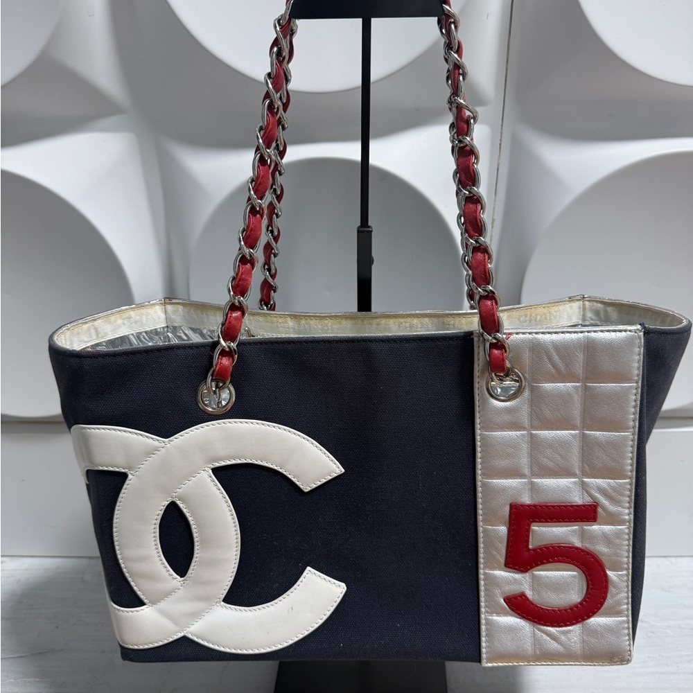 CHANEL Navy Canvas Tote with White CC, Silver Quilted Panel and Red Accents
